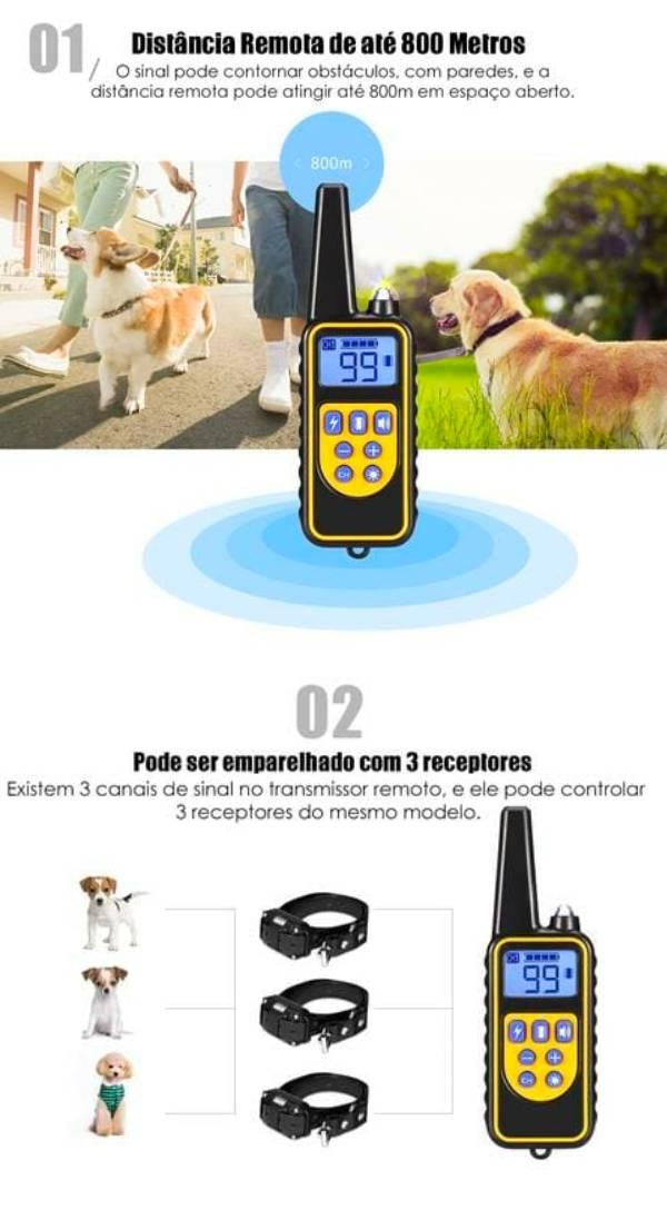 Coleira Adestramento Recarregável, Prova D'Água de 800m de Alcance com Choque, Beep e Vibração - Movimento Pet